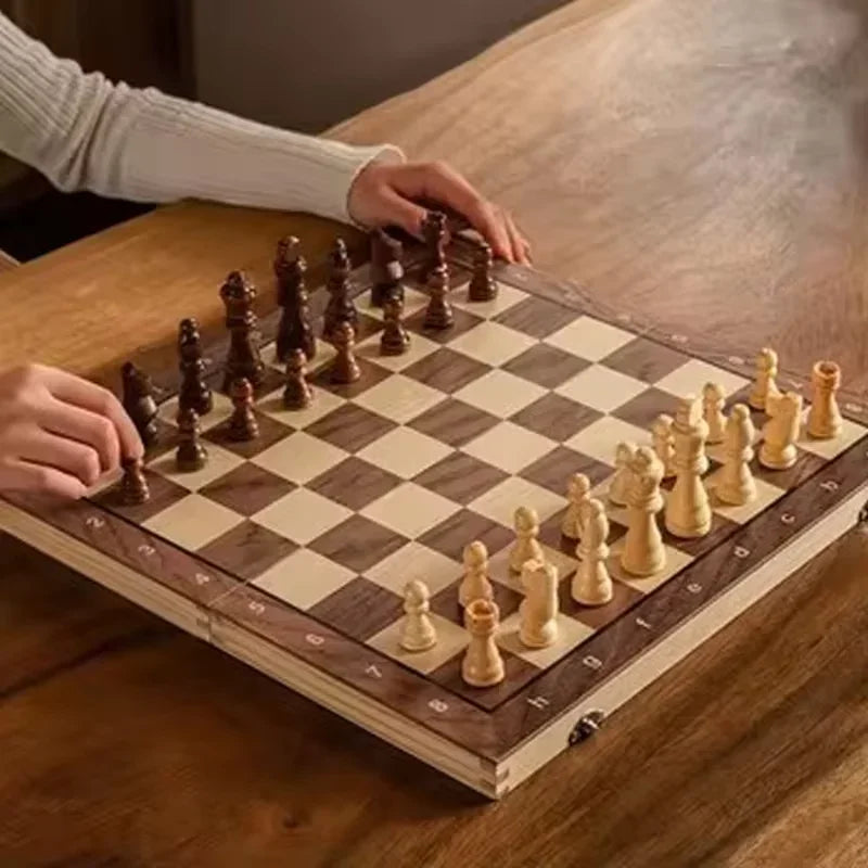 3 in 1 Foldable Wooden Chess Set Educational Strategy Game