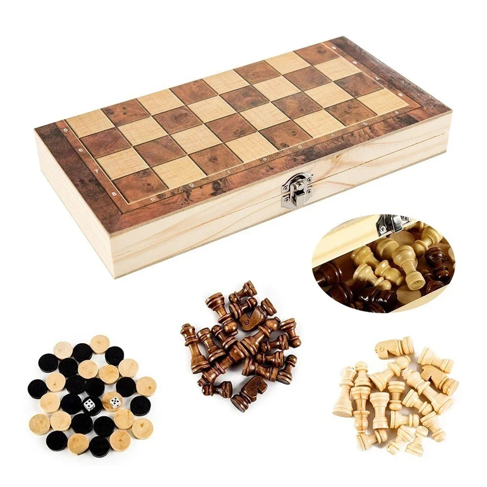 3 in 1 Foldable Wooden Chess Set Educational Strategy Game
