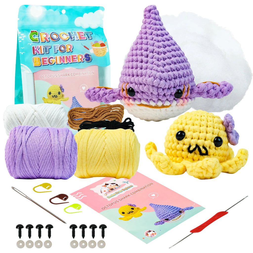 Octopus Shark Crochet Kits for Beginners Adults, Crochet Animals Set with Step-by-Step Video Tutorials, Learn To Crochet