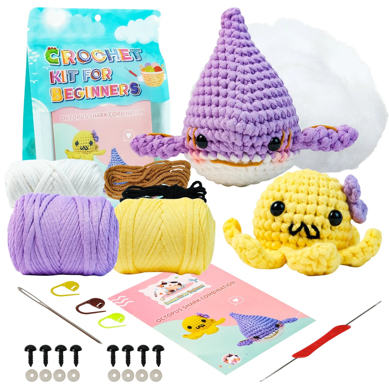 Octopus Shark Crochet Kits for Beginners Adults, Crochet Animals Set with Step-by-Step Video Tutorials, Learn To Crochet