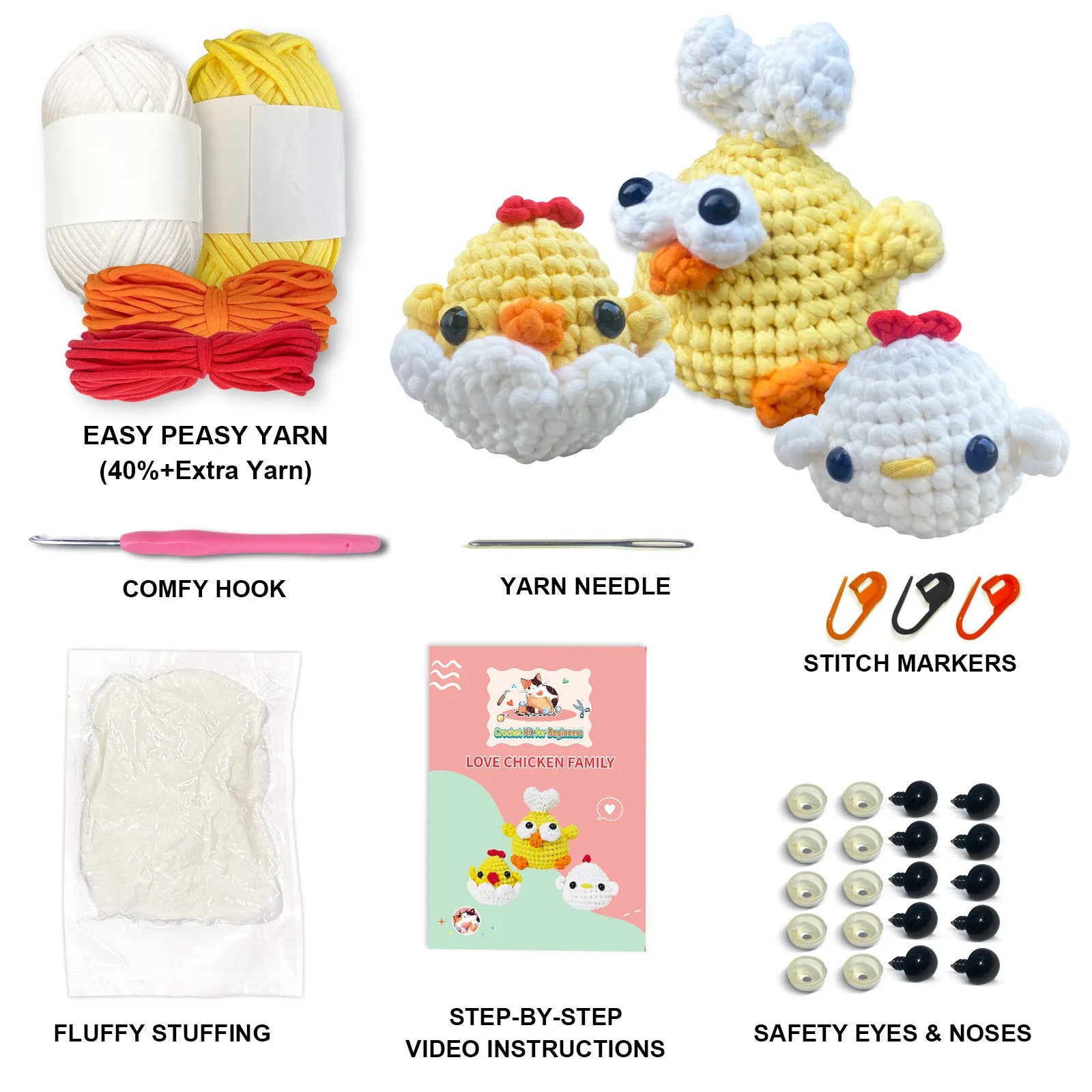 Chicken Crochet Kit Cute Animals DIY Amigurumi Starter Set with Step-by-Step Video Book Tutorial Easy Knitting Project