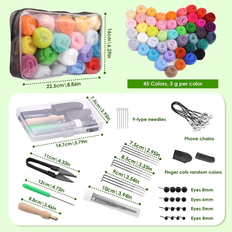 45 Colors Felt Wool Roving Needle Felting Starter Kit