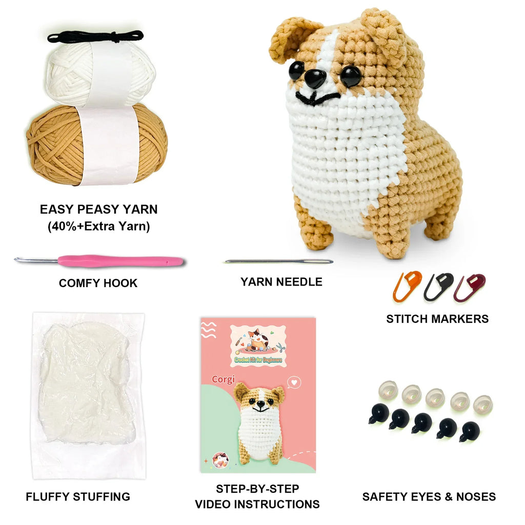 Corgi Dog Starters Crochet Kit, Crocheting Kitting for Adults, Kids, DIY Craft Gifts with Crochets Yarns Hook Step-by-Step Video