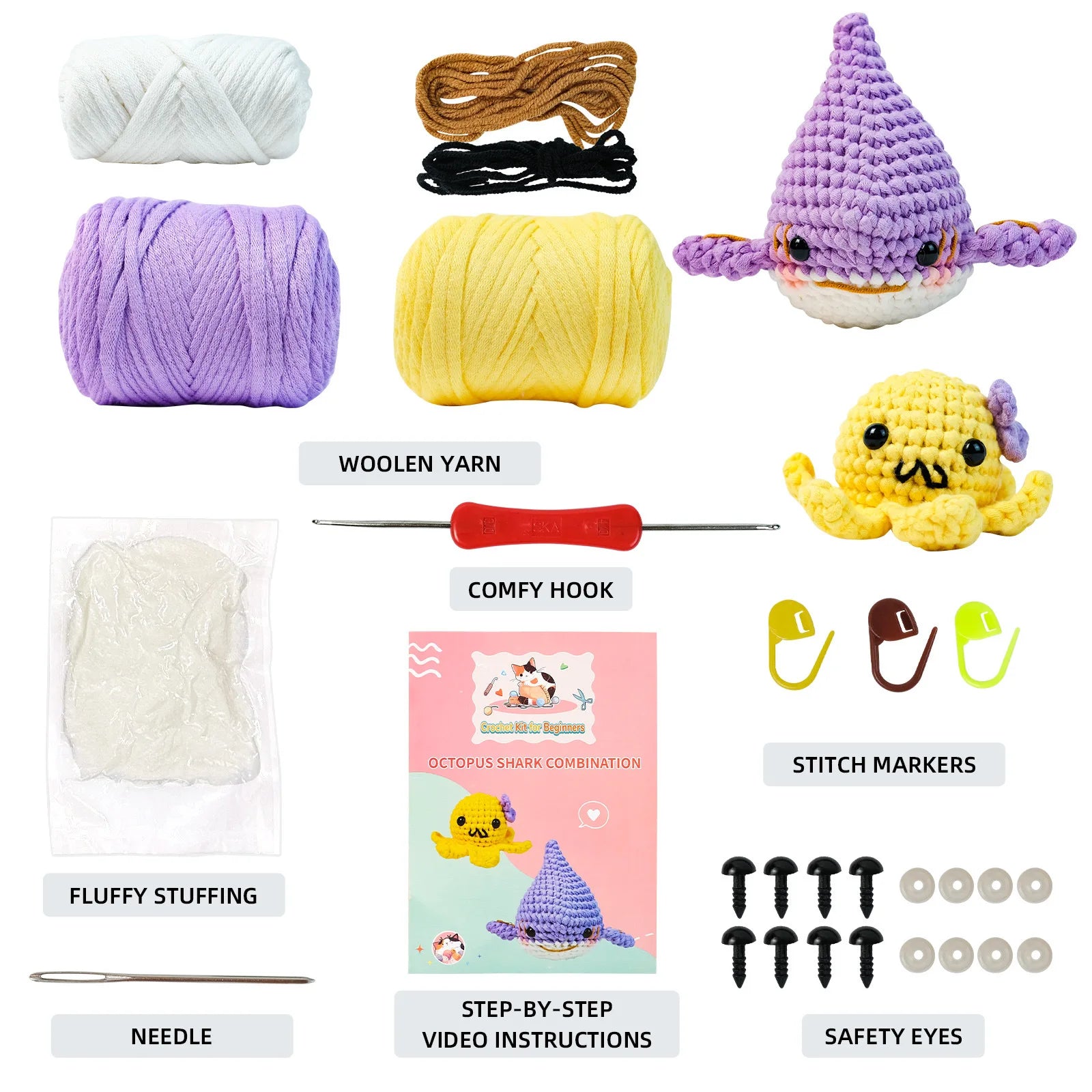 Octopus Shark Crochet Kits for Beginners Adults, Crochet Animals Set with Step-by-Step Video Tutorials, Learn To Crochet