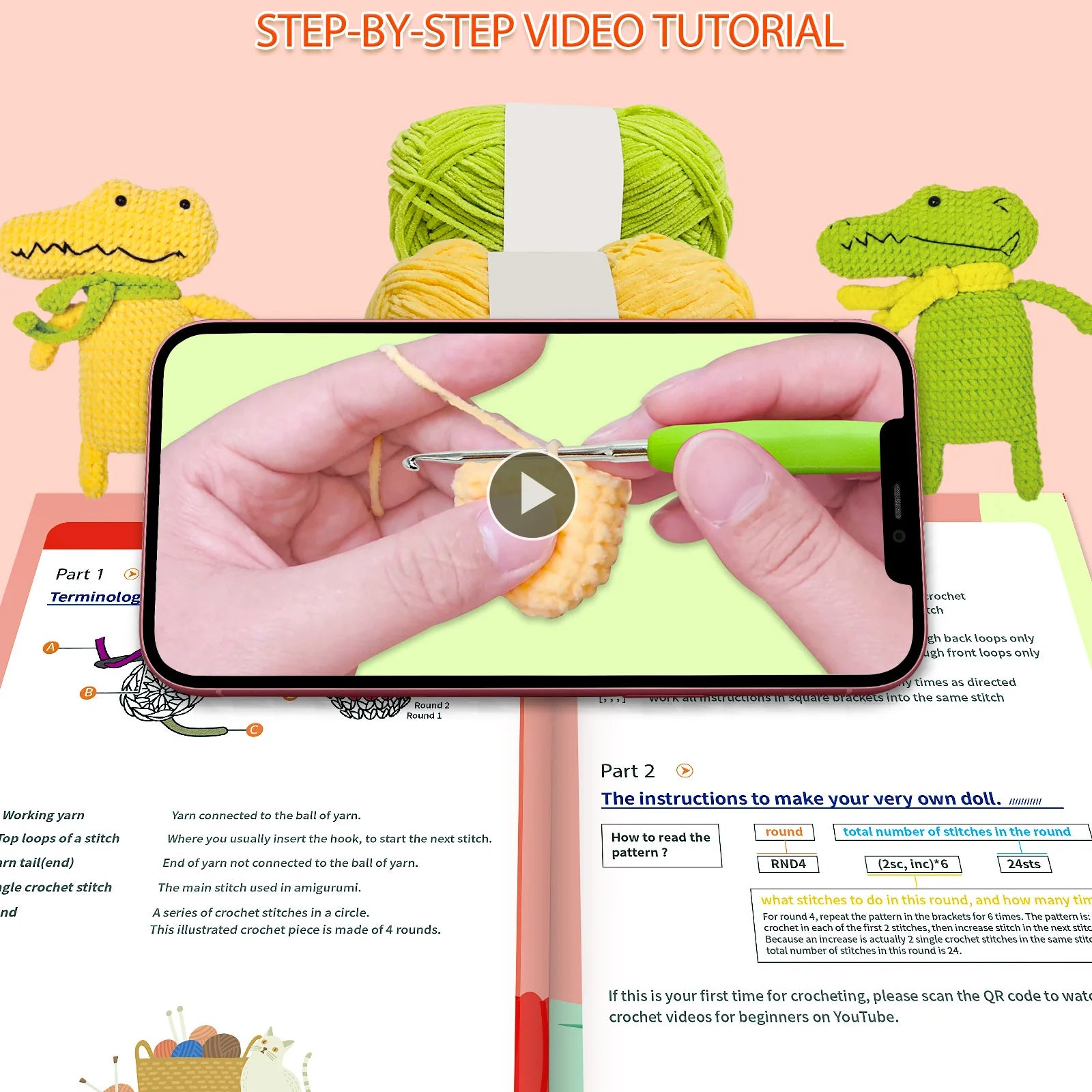 Crocodile Beginner Crochet Animal Kit Easy Yarn with Instruction Manual and Video Tutorial