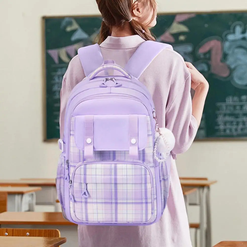 Plush Doll Charm Girls Backpack - Multi Compartments Large Capacity Waterproof
