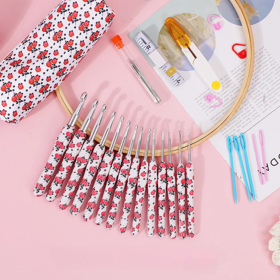 14pcs Rose Crochet Needle Kit with Case Crochet Needles for Beginners