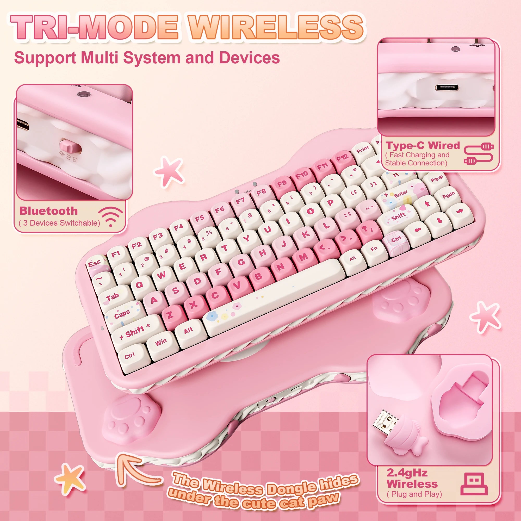 Pink Wireless Mechanical Keyboard, Cute Cake Design for Win/Mac/Gaming