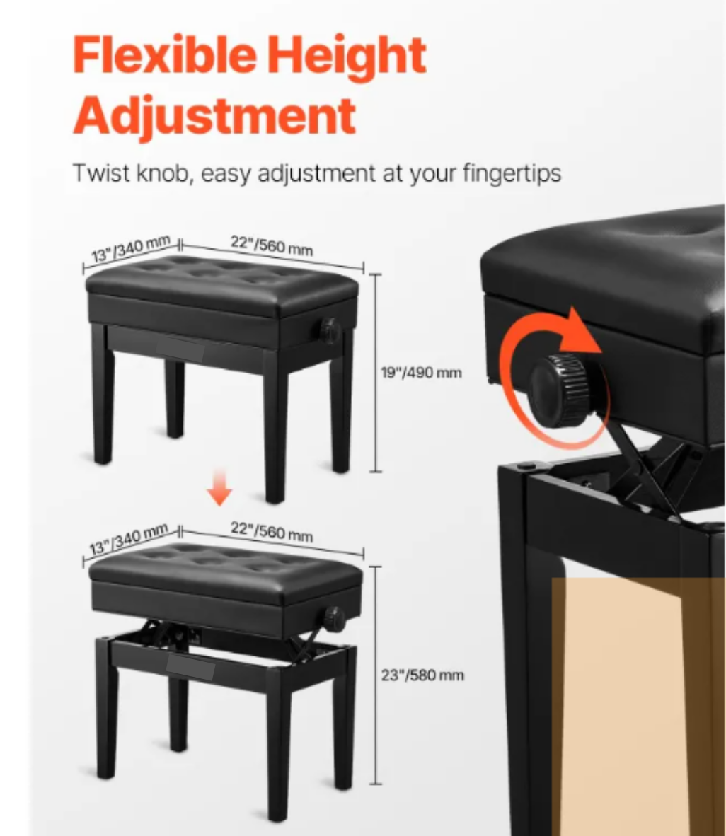 Piano Bench, 22" X 13" X 19.3", With 19.3"-22.8" Adjustable Height, Padded Cushion, Storage Compartment
