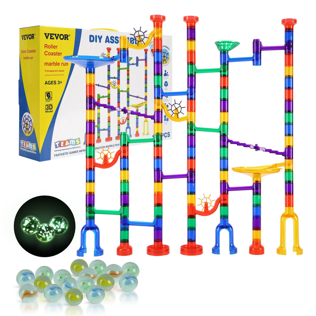 Marble Run Set, 145 Piece Marble Maze Building Block Brain Game, With 5 Glow In The Dark Marbles + 40 Glass Marbles, Educational Learning Race Track STEM