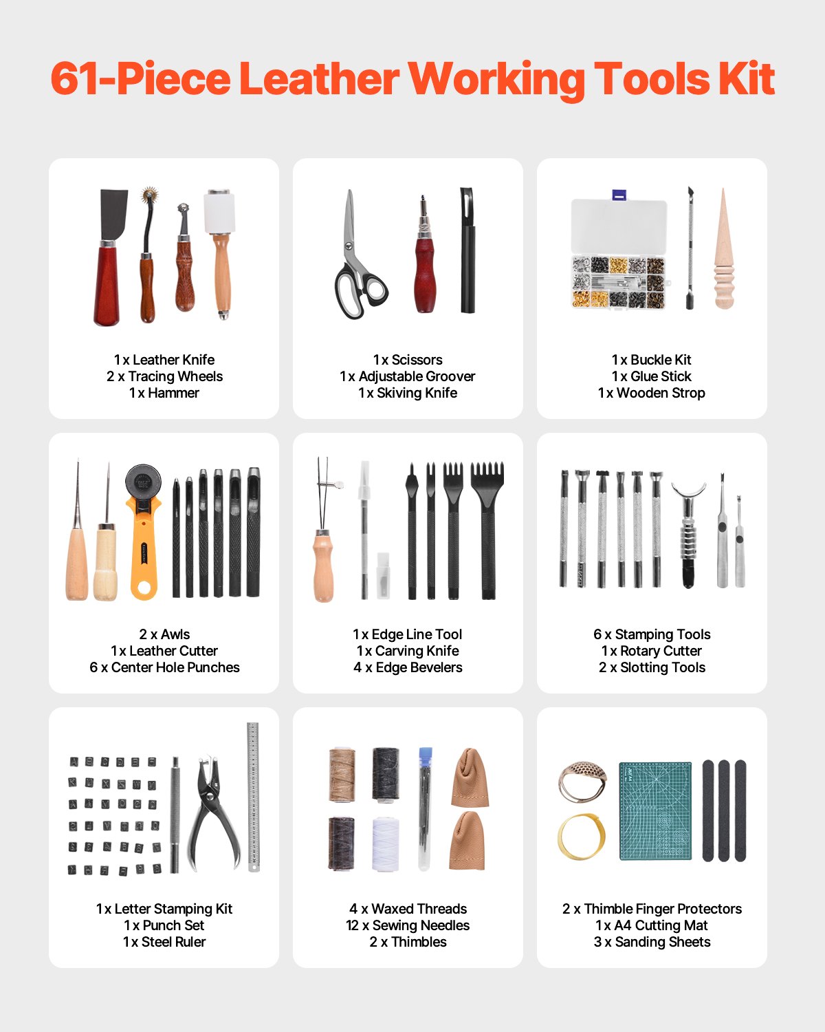 Leather Working Tools Kit, 61 PCS Leather Craft Tools With Portable Canvas Storage Bag, Engraving Punching Sewing Stamping Sanding Tools, Ideal For Beginners DIY Enthusiasts And Professionals