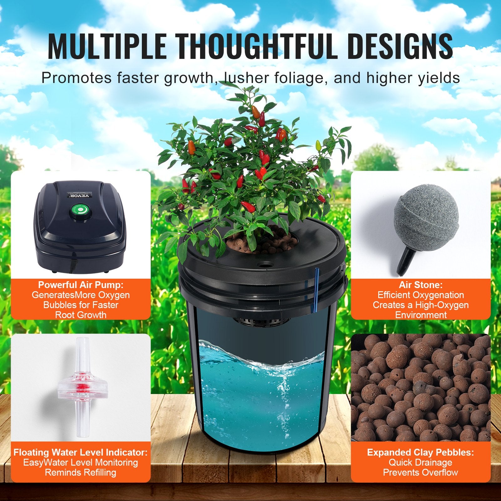 DWC Hydroponic System, 5 Gallon 4 Buckets