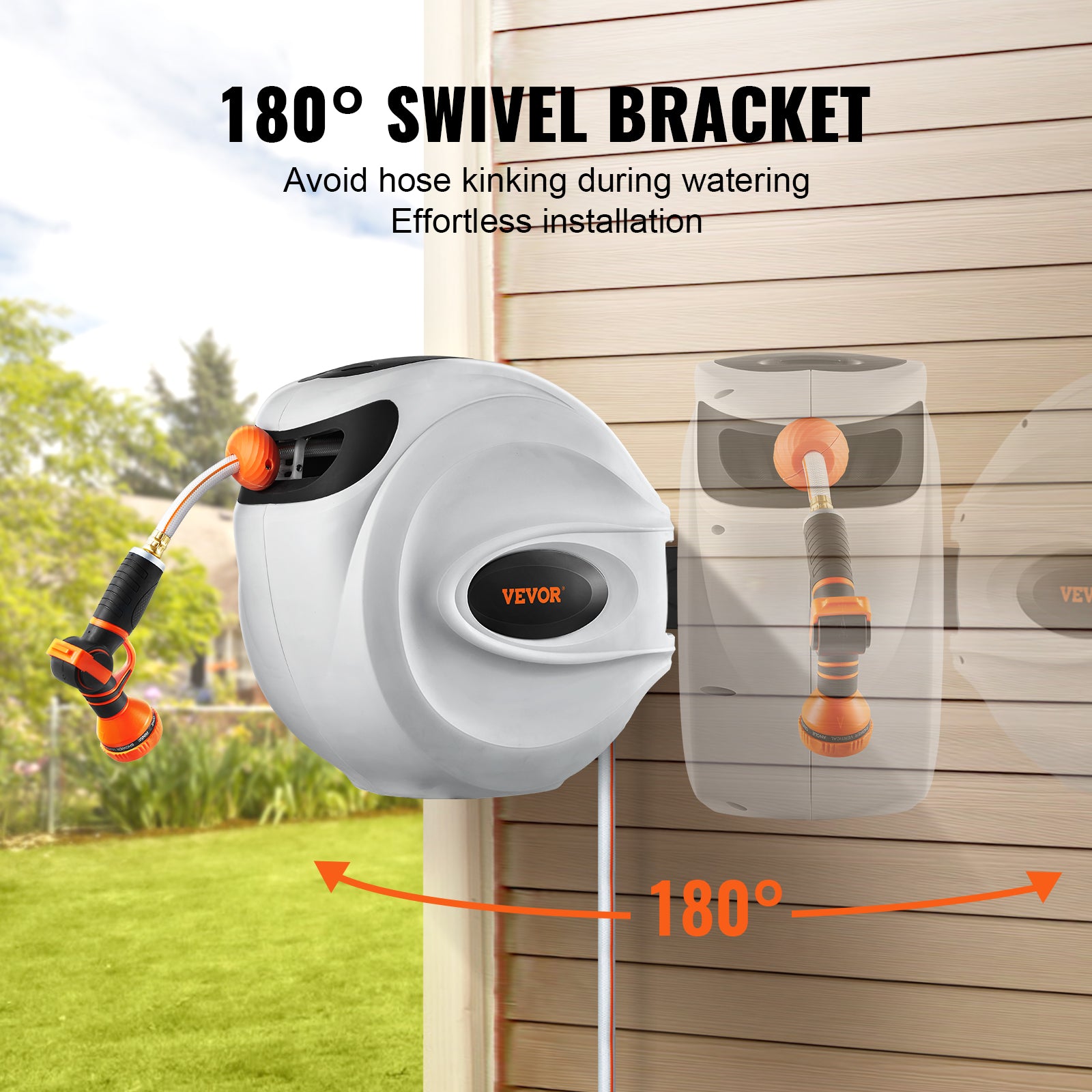 VEVOR Retractable Hose Reel Water Hose Reel, Swivel Wall-Mounted