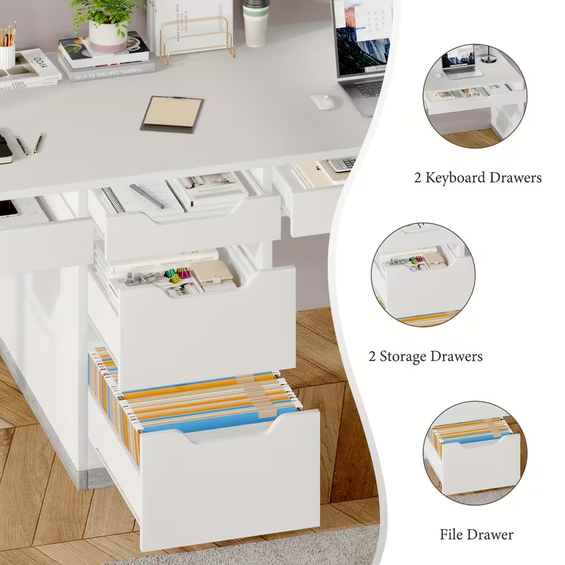Two-Person Computer Desk with 5 Drawers