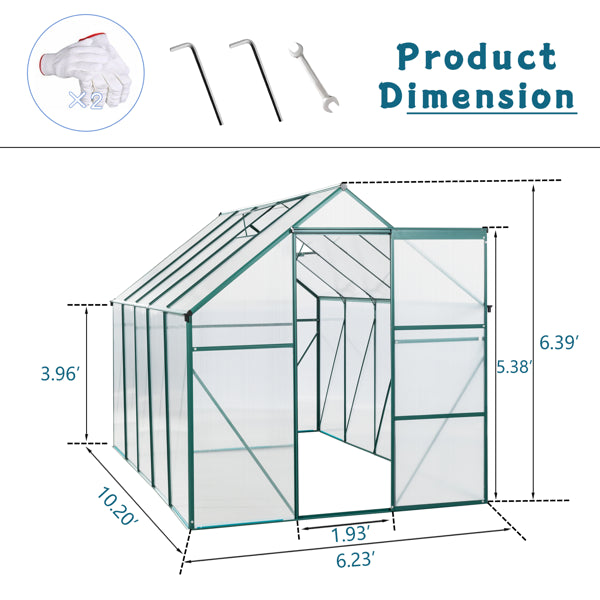 6X10FT Polycarbonate Greenhouse Raised Base And Anchor Aluminum Heavy Duty Walk-in Greenhouse, Green