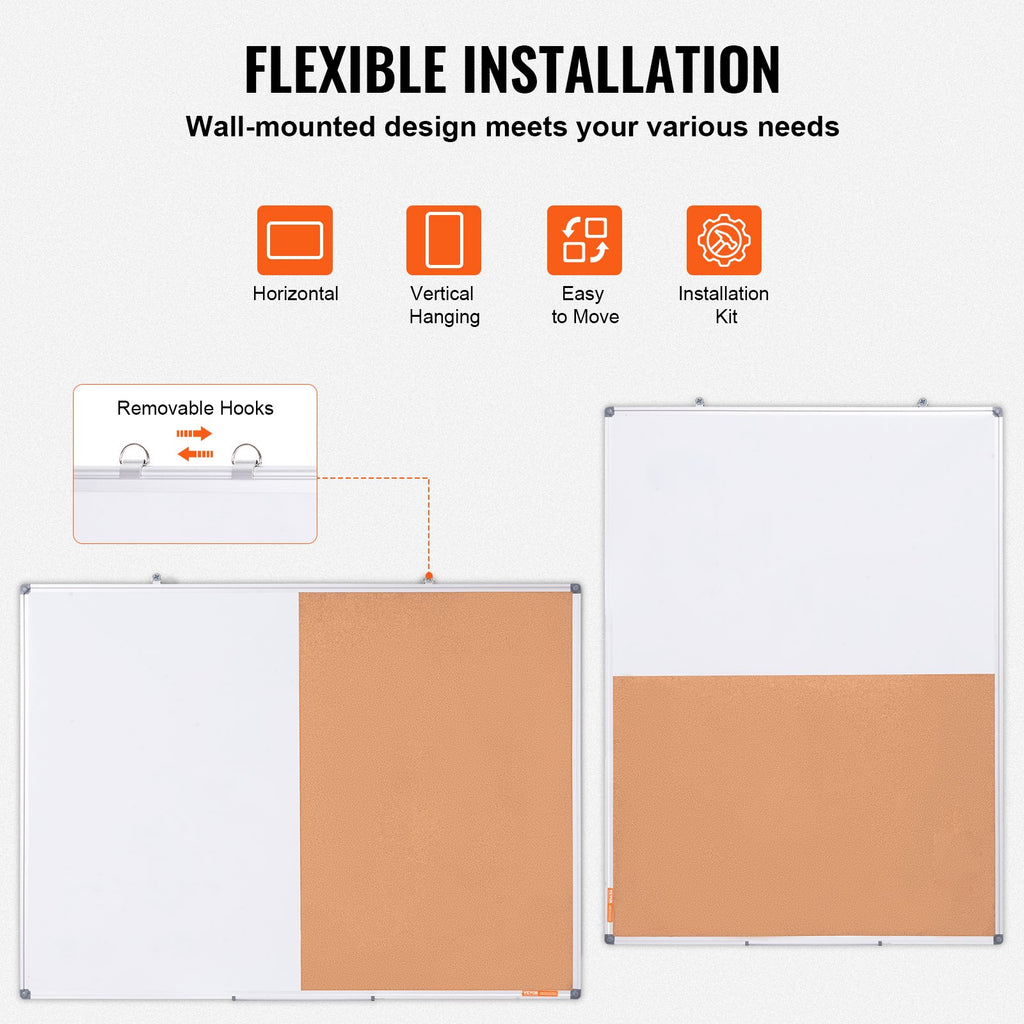48'x 36' Whiteboard & Cork Board Combo With Aluminum Frame – 2-in-1 Magnetic Dry Erase Bulletin Board For Wall Mount