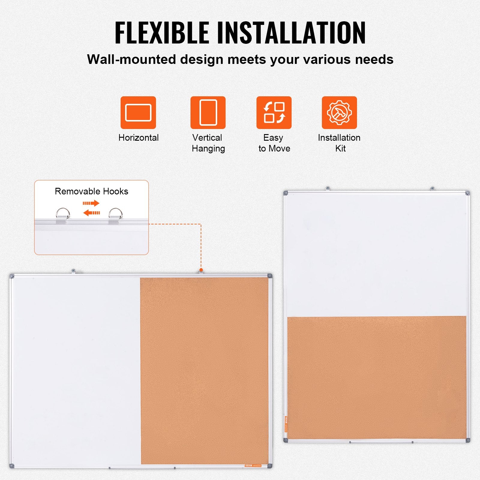 48'x 36' Whiteboard & Cork Board Combo With Aluminum Frame – 2-in-1 Magnetic Dry Erase Bulletin Board For Wall Mount