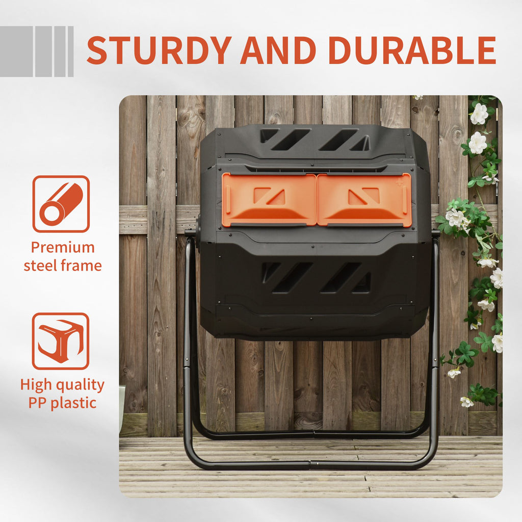 Tumbling Compost Bin Outdoor 360° Dual Chamber Rotating Composter 43 Gallon, Orange