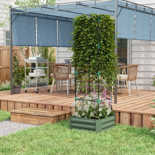 Outsunny Galvanized Raised Garden Bed, 24 X 24 X 11.75 Outdoor Planter Box With Trellis Tomato Cage And Open Bottom For Climbing Vines, Green