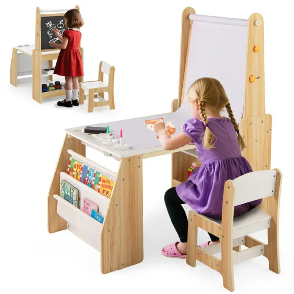 Kids Activity Table With Magnetic Whiteboard/Chalkboard & Paper Roll, Multi-Storage Art Desk For Drawing & Studying