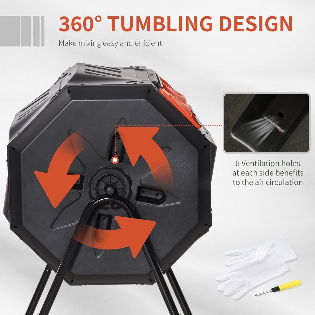 Tumbling Compost Bin Outdoor 360° Dual Chamber Rotating Composter 43 Gallon, Orange