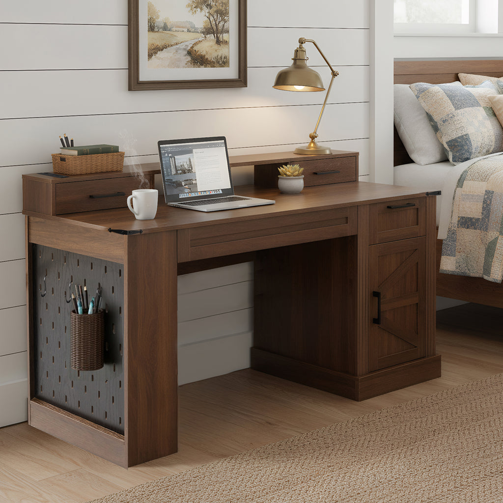 55 Farmhouse Office Desk With Storage Cabinet  Charging Station, Barn Door Design Computer Writing Desk With Keyboard Tray, Monitor Stand & Pegboard, Dark Walnut