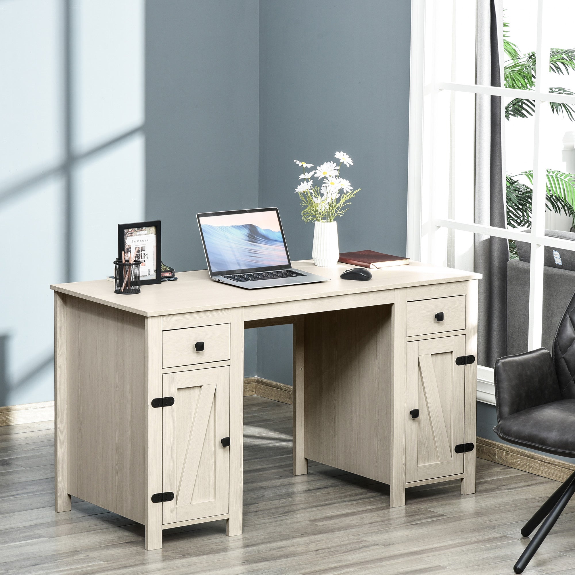 Farmhouse Computer Desk With Storage, Cream White