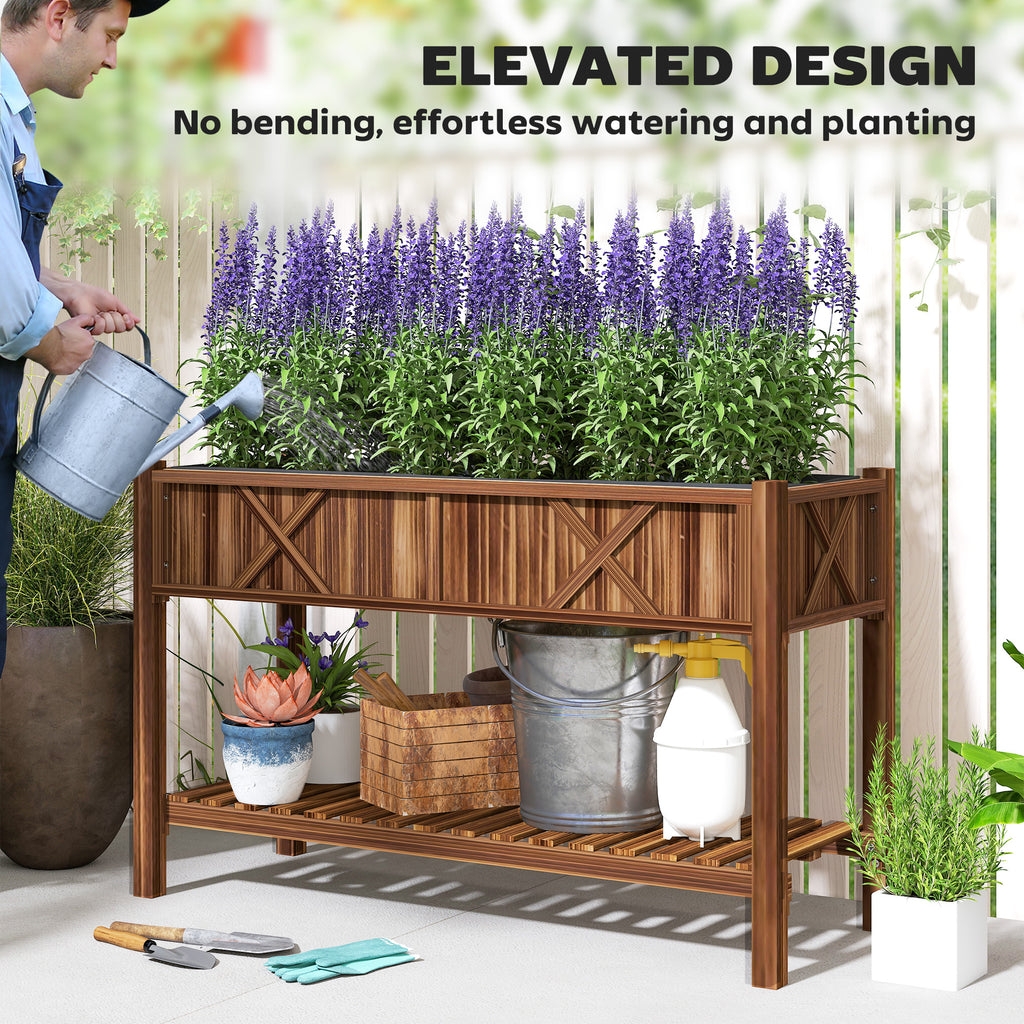 Raised Garden Bed, 47 x 22 x 31.5 in Elevated Wood Planter Box with Storage Shelf, Drainage Holes and Liner, Carbonized