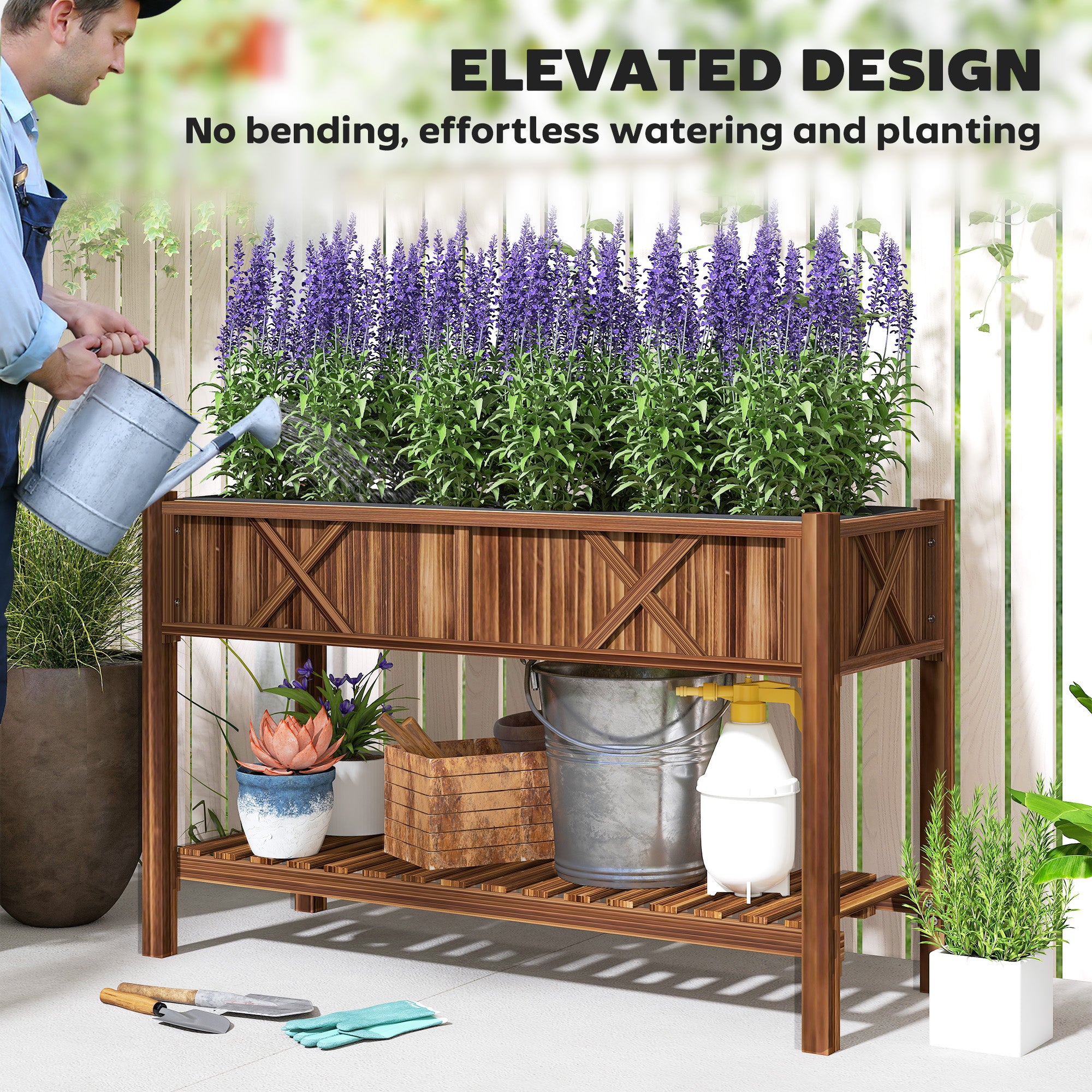 Raised Garden Bed, 47 x 22 x 31.5 in Elevated Wood Planter Box with Storage Shelf, Drainage Holes and Liner, Carbonized