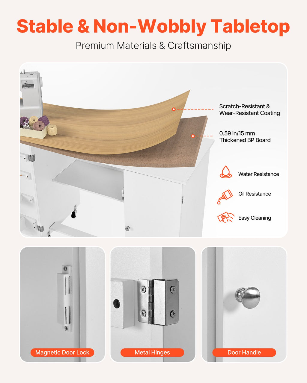 Folding Sewing Table, Multipurpose Sewing Machine Table With Cabinet, Charging Station