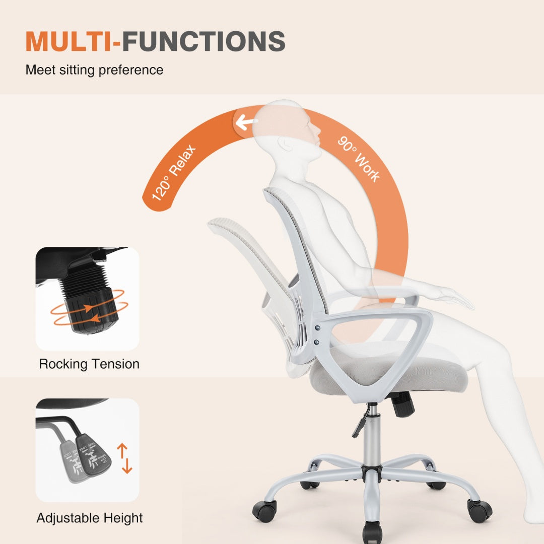 Home Office Computer Chair - Ergonomic Mid Back Desk With Lumbar Support And Rocking Mode, Height Adjustable With Fixed Armrest
