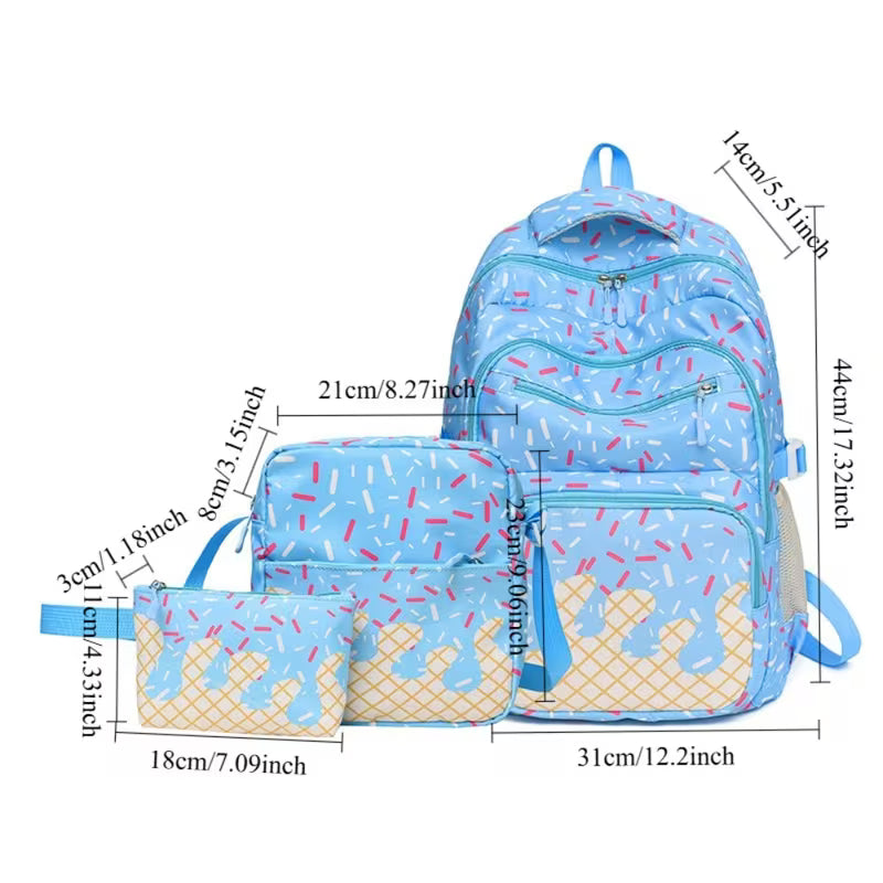 3 Piece Backpack Set with Ice Cream Design