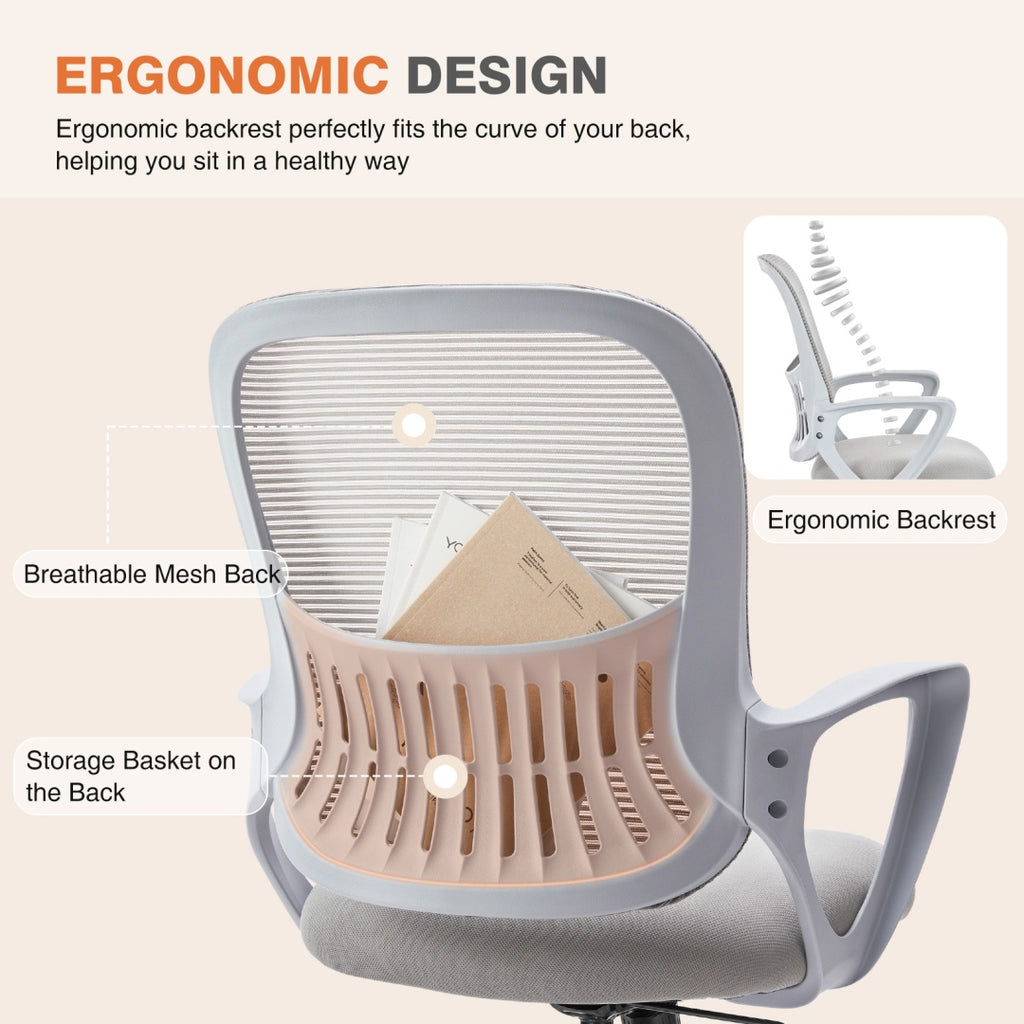 Home Office Computer Chair - Ergonomic Mid Back Desk With Lumbar Support And Rocking Mode, Height Adjustable With Fixed Armrest