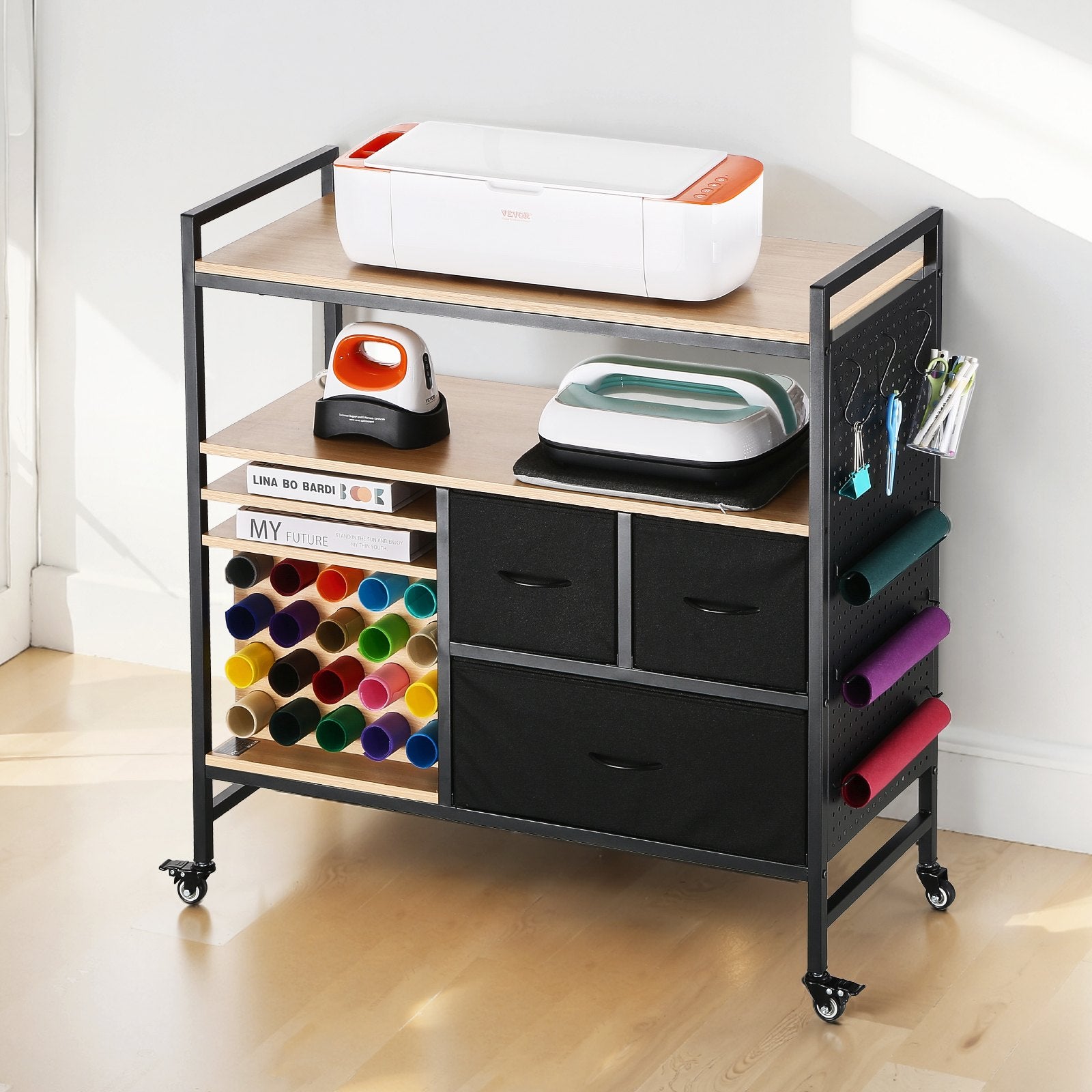 Rolling Craft Cart And Storage Table, Compatible With Cricut Machines, Black