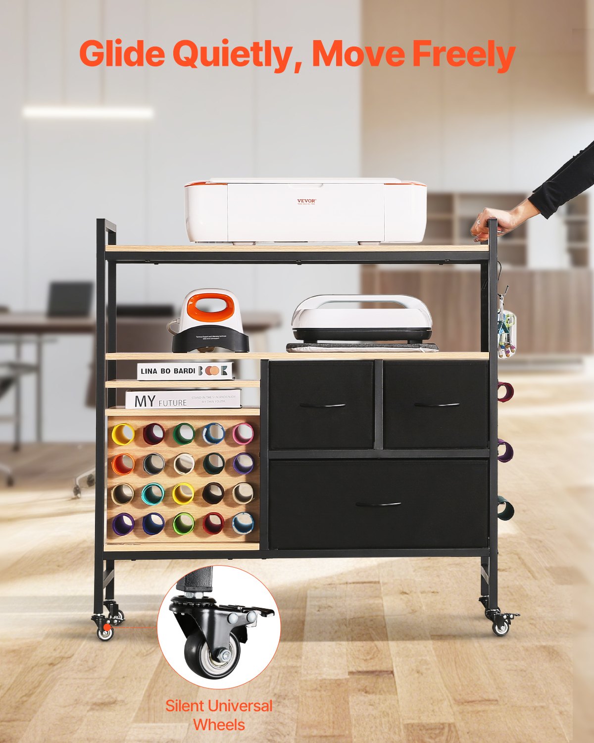 Rolling Craft Cart And Storage Table, Compatible With Cricut Machines, Black