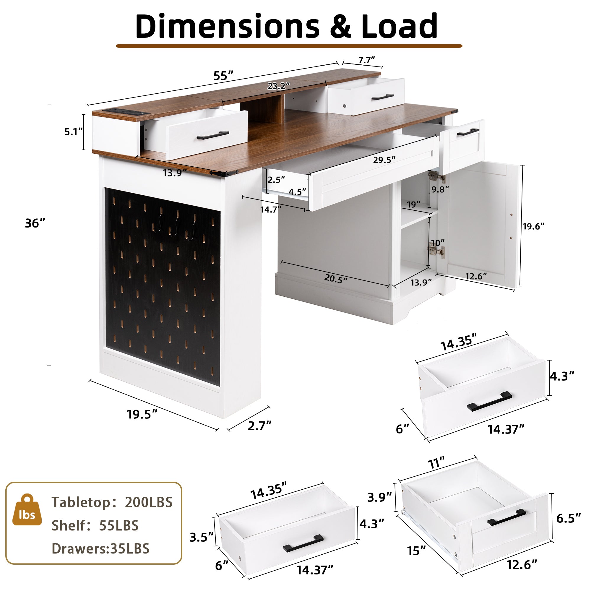55" Farmhouse Office Desk With Storage Cabinet  Charging Station, Barn Door Design Computer Writing Desk With Keyboard Tray, Monitor Stand And Pegboard, White