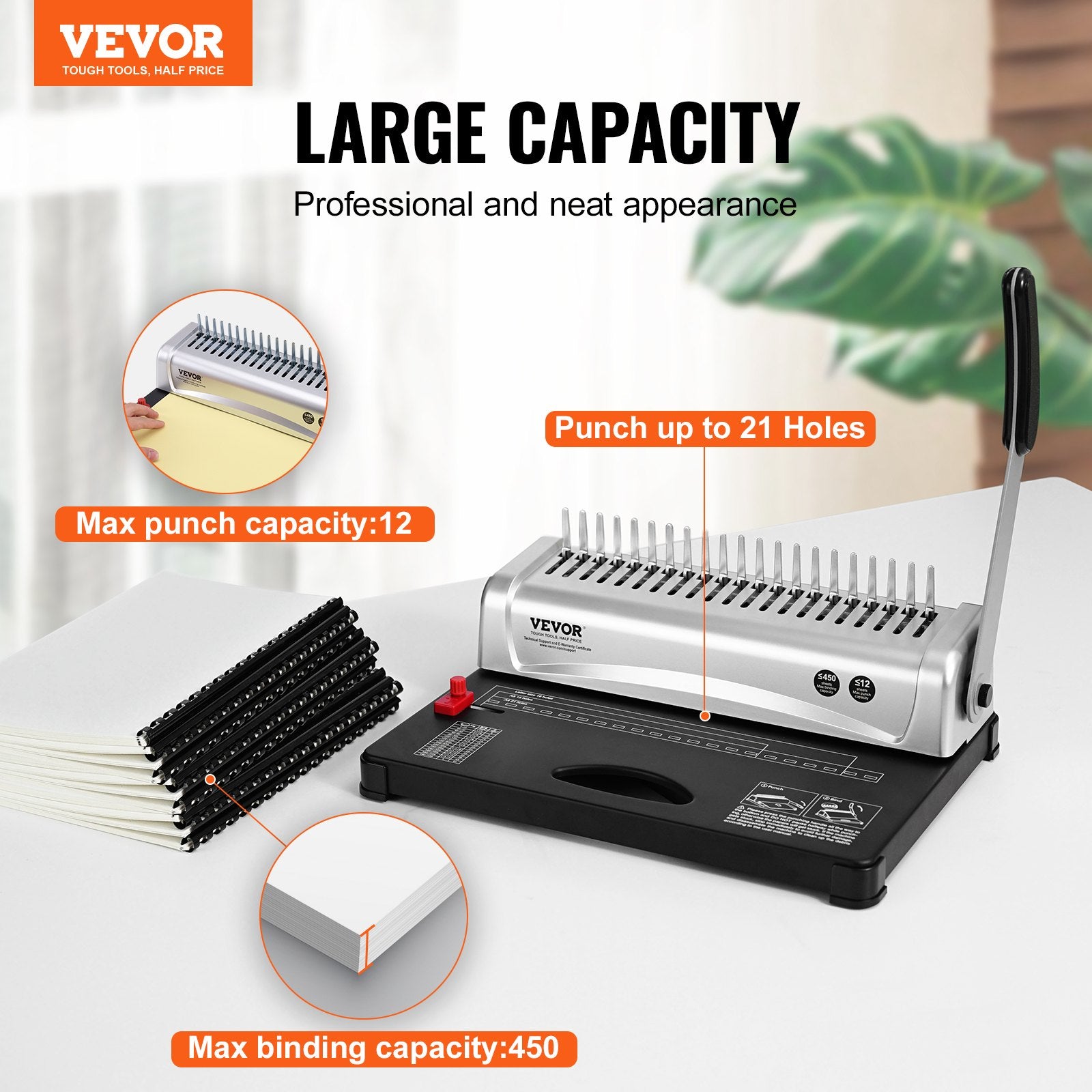 Binding Machine, Comb Binding Machine 21-Holes Binding 450 Sheets, Book Binder Machine With 100 PCS 3/8'' Comb Binding Spines, For Letter Size, A4, A5
