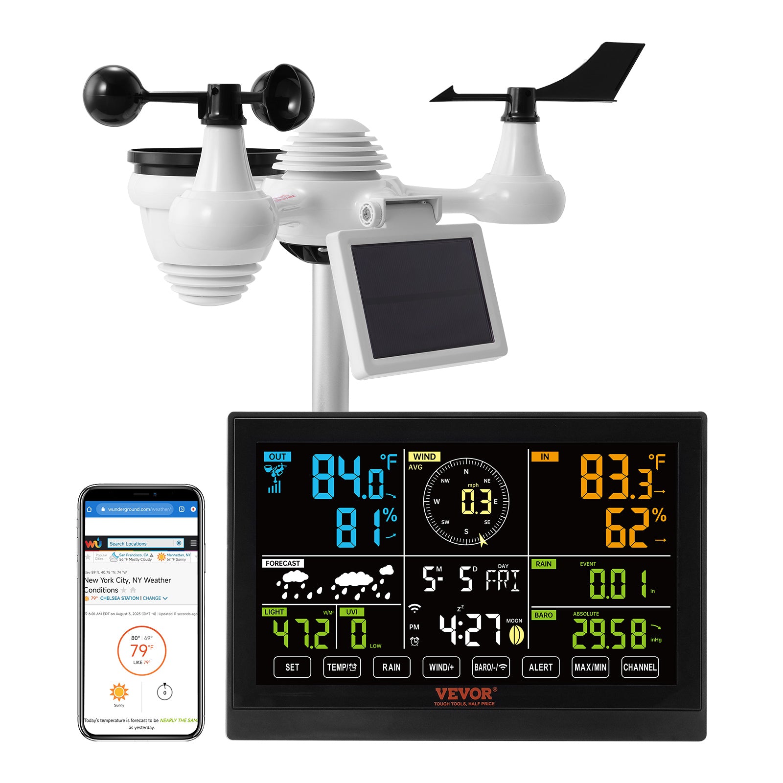VEVOR 7in1 WiFi Weather Station, 7.5 In Color Display, Home Weather Station Indoor Outdoor, With Solar Wireless Outdoor Sensor  Alarm Alerts, For Temperature Humidity Wind Speed, Direction, Rain