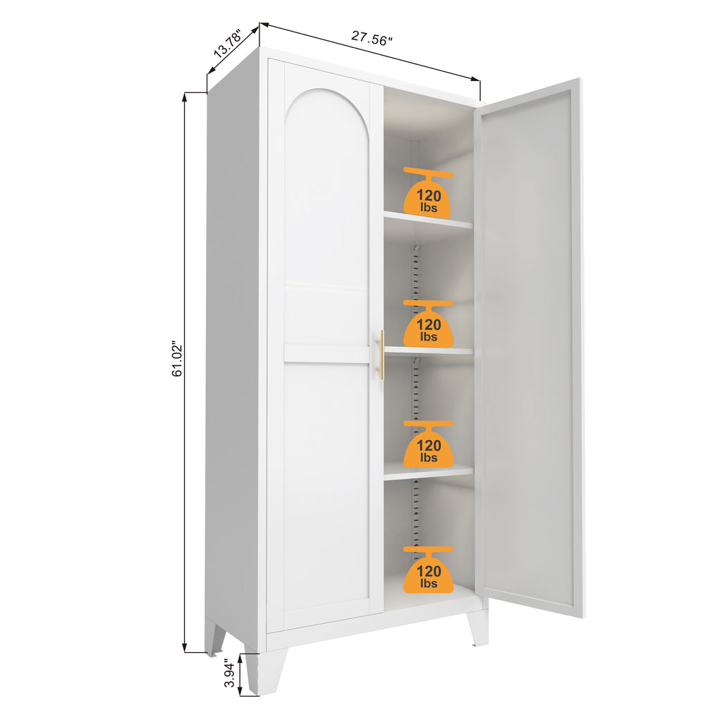 61'' 2 Shapely Doors Cabinet, Metal Storage Cabinet With Doors And Adjustable Shelves, For Bedroom, Living Room White