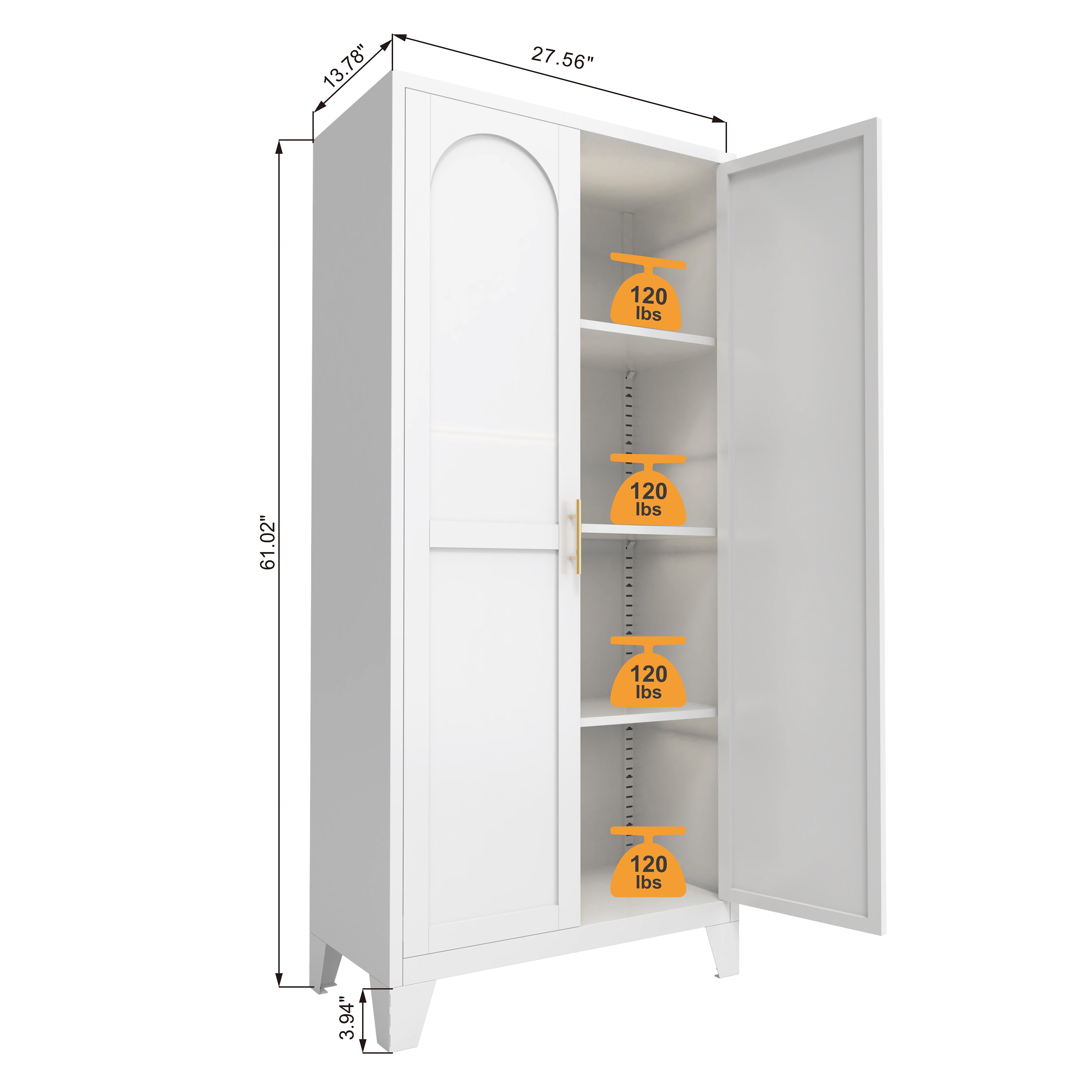 61'' 2 Shapely Doors Cabinet, Metal Storage Cabinet With Doors And Adjustable Shelves, For Bedroom, Living Room White