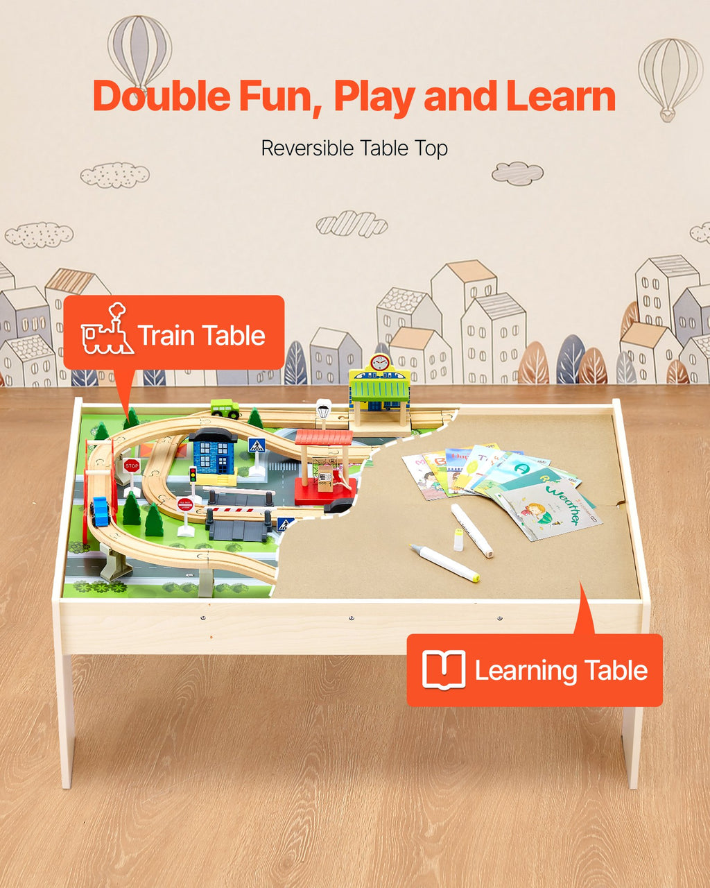 Train Table 84 Pieces Wooden Kids Activity Table With Collapsible Storage Bin