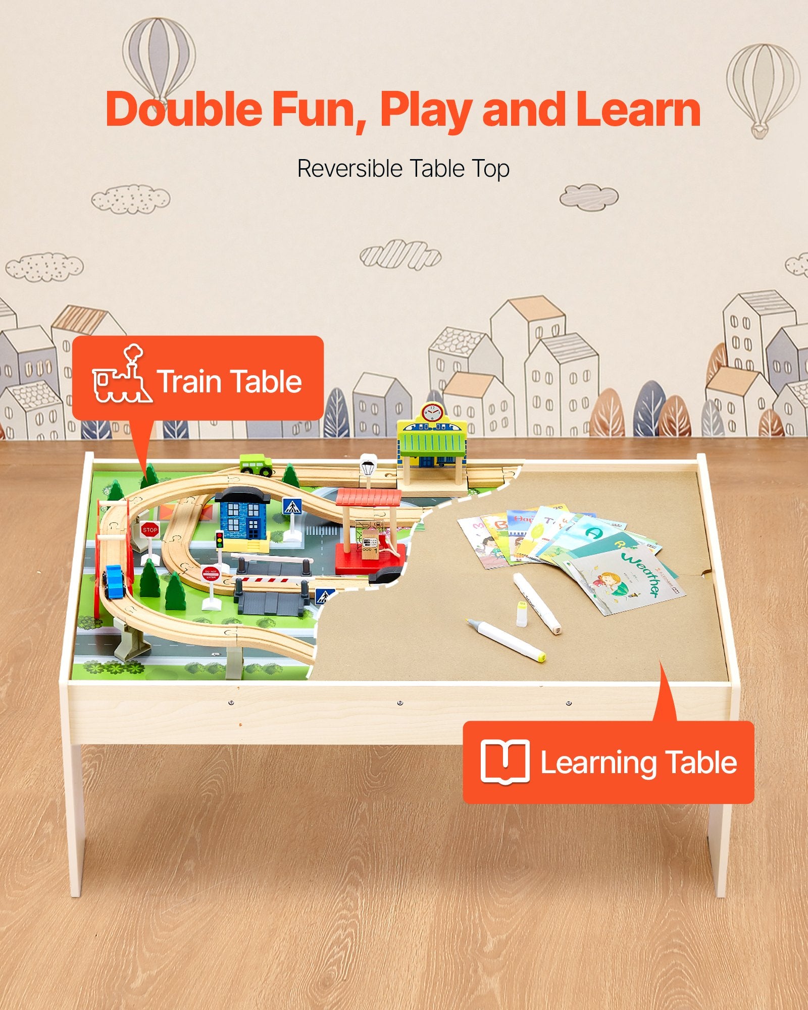 Train Table 84 Pieces Wooden Kids Activity Table With Collapsible Storage Bin