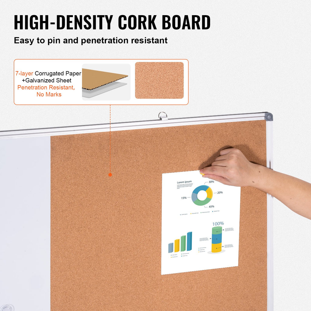 48'x 36' Whiteboard & Cork Board Combo With Aluminum Frame – 2-in-1 Magnetic Dry Erase Bulletin Board For Wall Mount