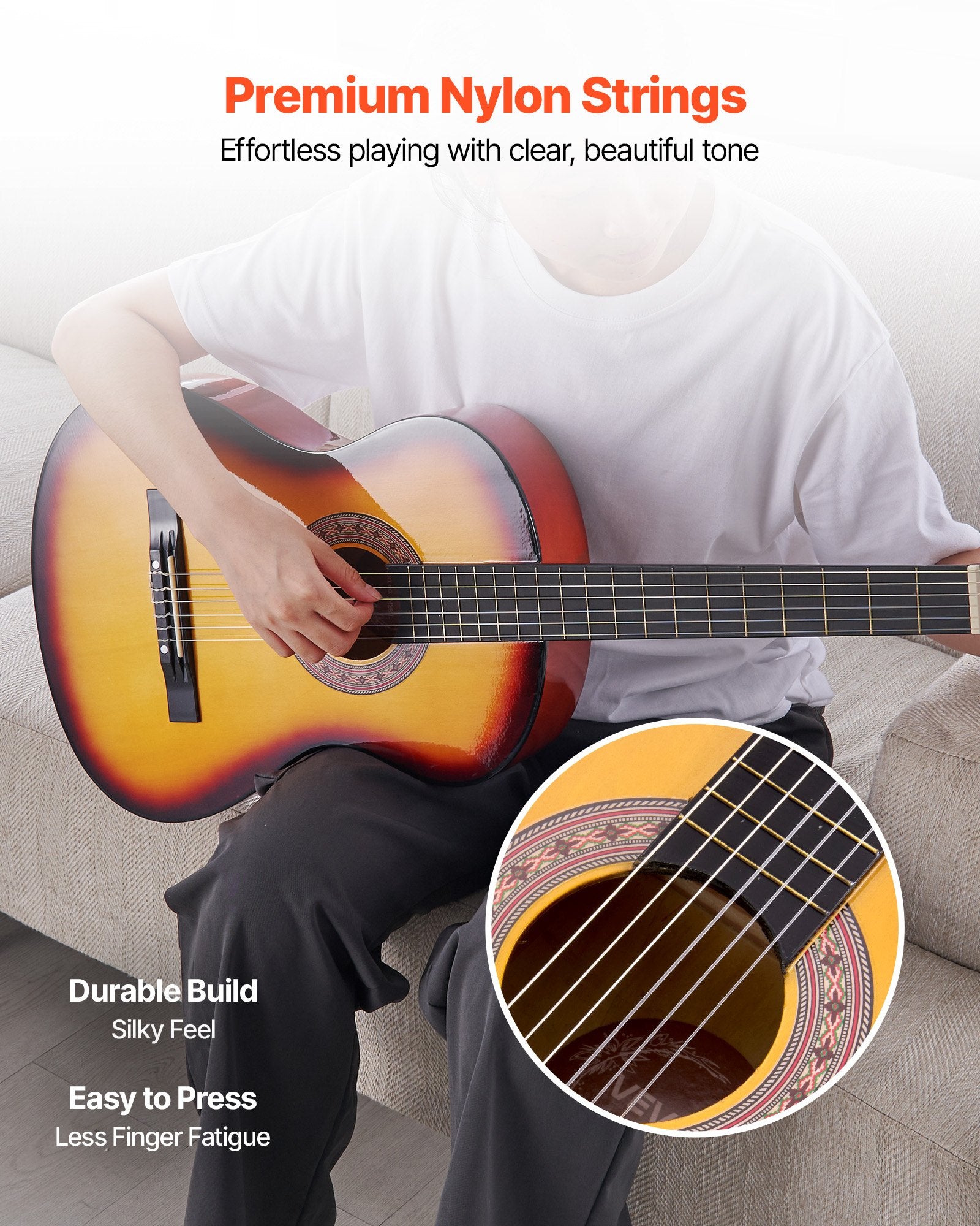 Classical Guitar, 38 Inch, Wood Classical Guitar Starter Kit For Beginners, With Nylon Strings, Gig Bag, Strap, Tuner, Extra String, Pick, Capo, Basswood, Sunburst