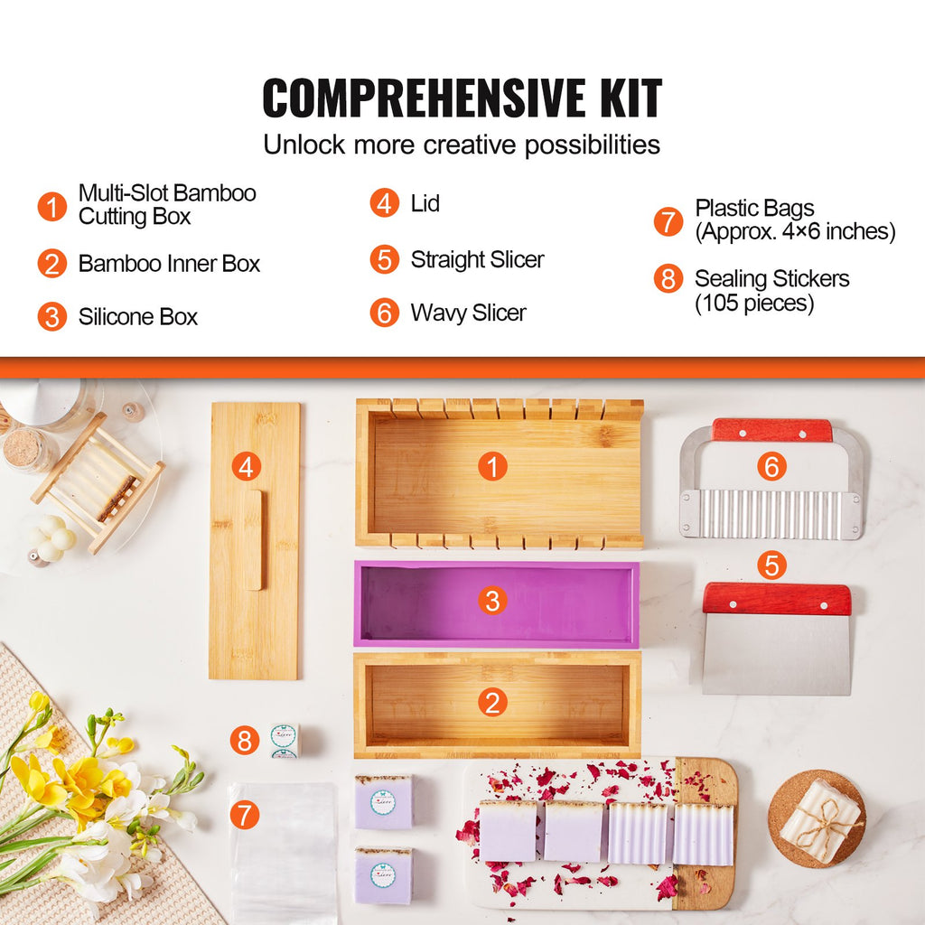 Soap Making Kit, Bamboo Cutting Box And Inner Box With Silicone Mold, Stainless Steel Straight Cutter And Wavy Cutter, 100 Bags And 105 Stickers, Soap Making Supplies DIY Kits