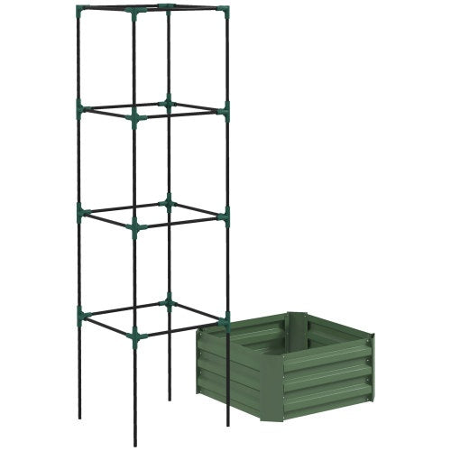 Outsunny Galvanized Raised Garden Bed, 24 X 24 X 11.75 Outdoor Planter Box With Trellis Tomato Cage And Open Bottom For Climbing Vines, Green