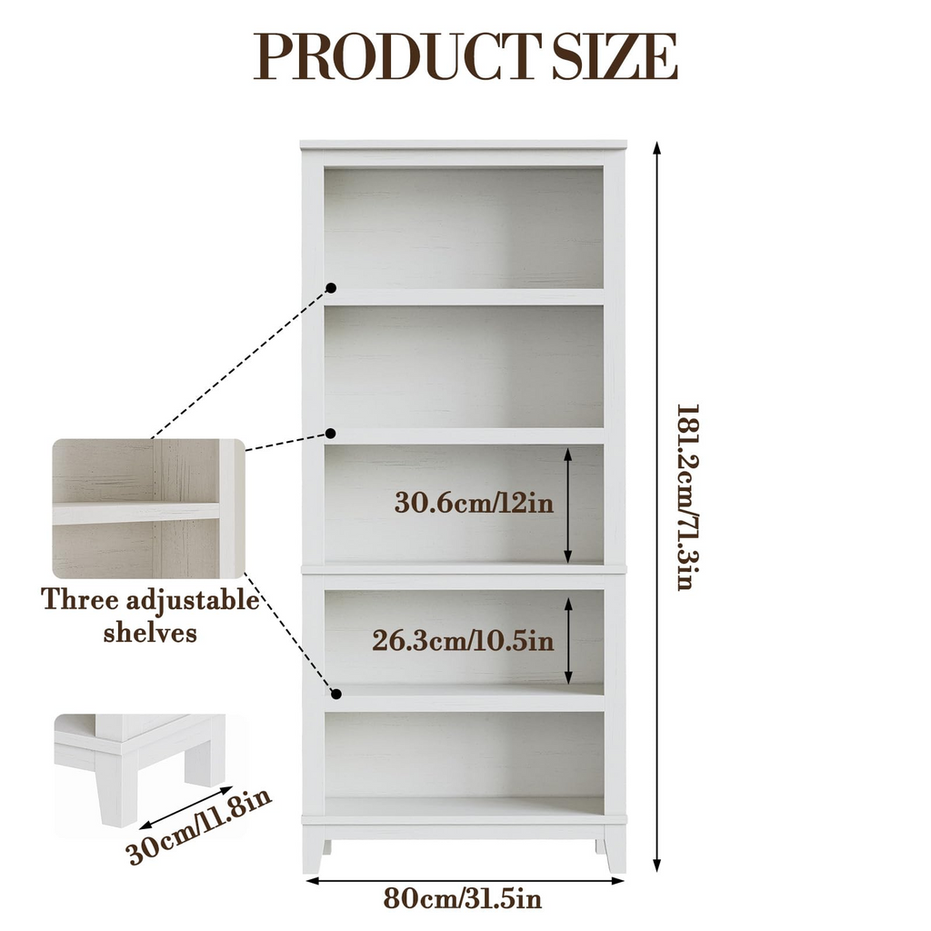 71" Tall Farmhouse Bookcase with Adjustable Shelves White