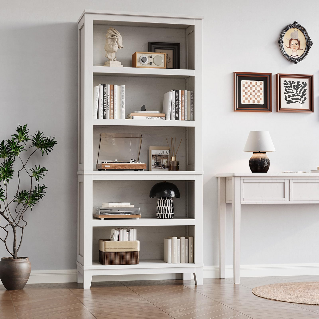 71" Tall Farmhouse Bookcase with Adjustable Shelves White