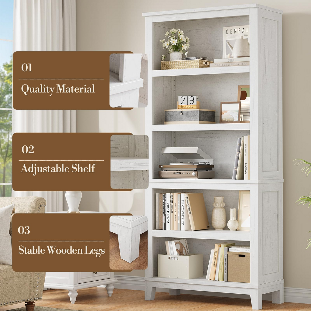 71" Tall Farmhouse Bookcase with Adjustable Shelves White