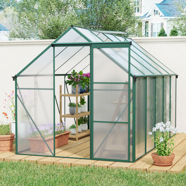 6X10FT Polycarbonate Greenhouse Raised Base And Anchor Aluminum Heavy Duty Walk-in Greenhouse, Green